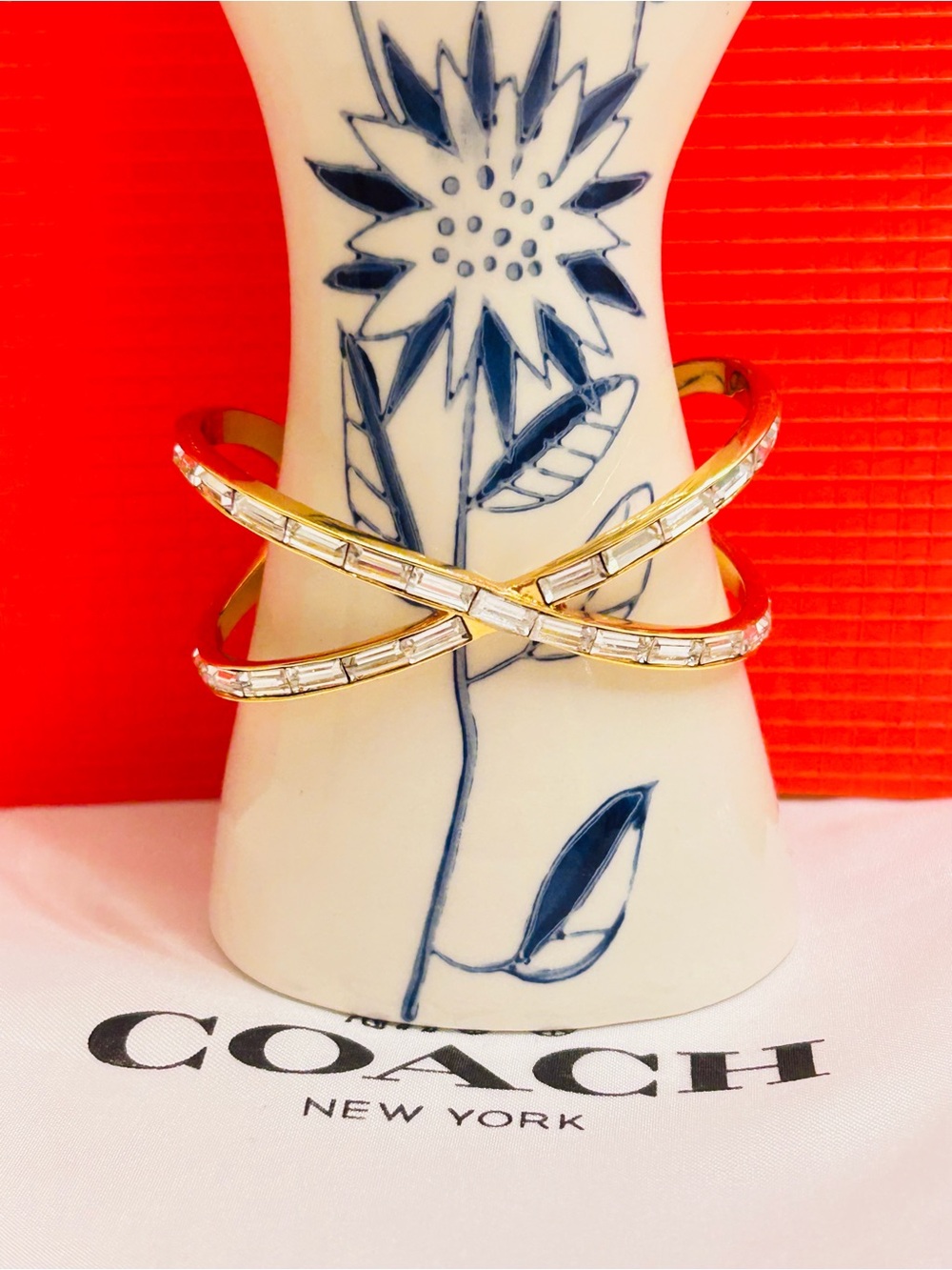 RARE Coach Gold Tone Crystal Crisscross Cuff Bracelet